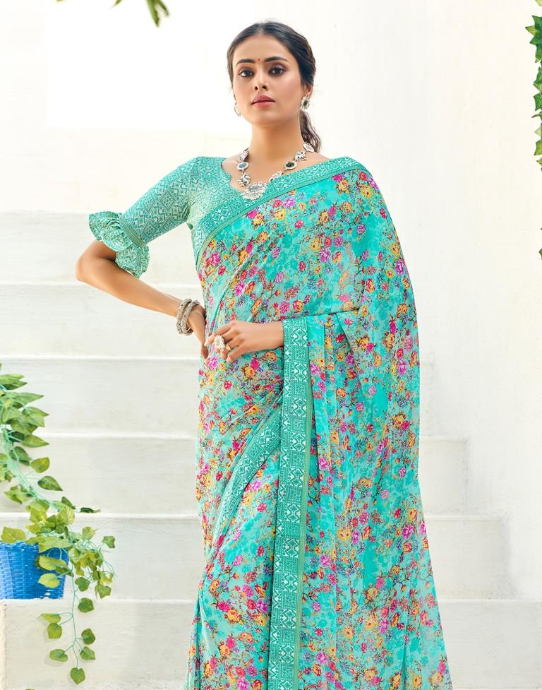 Aqua Blue Floral Printed Saree