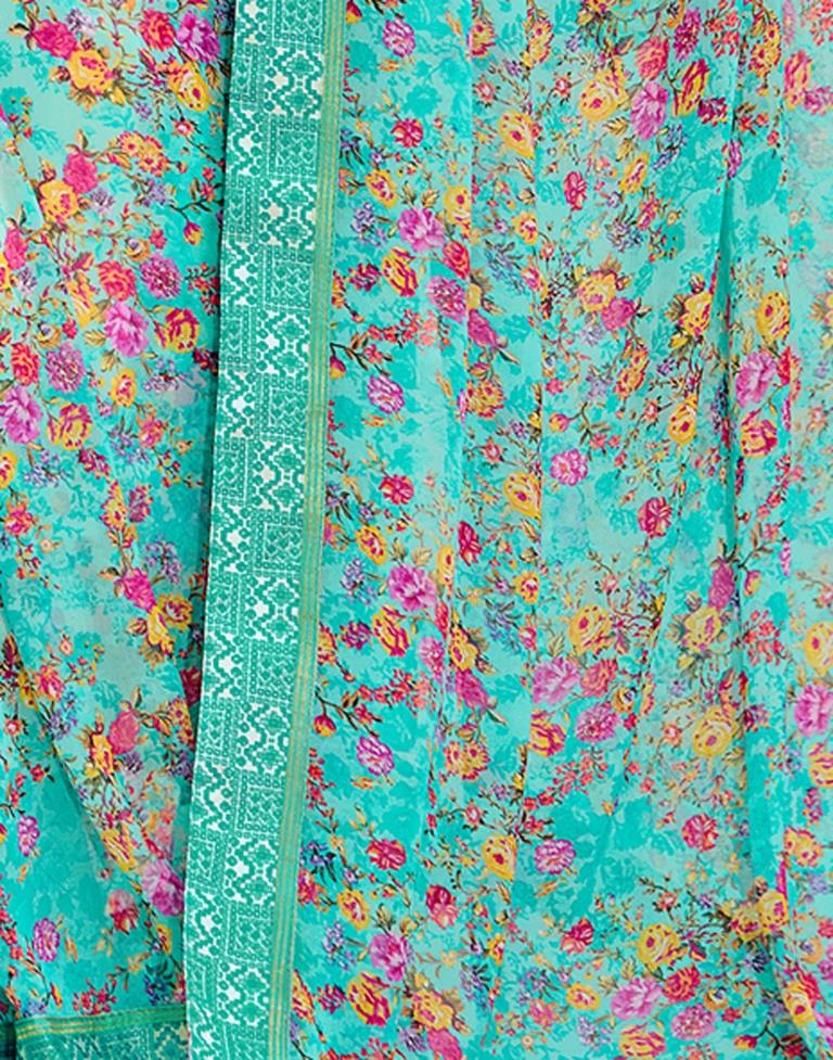 Aqua Blue Floral Printed Saree