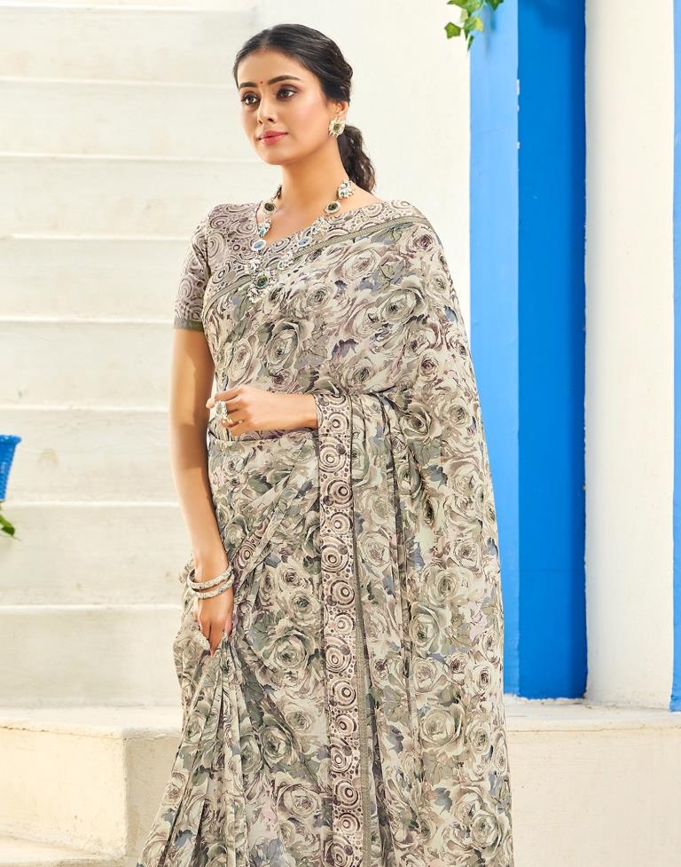 Light Beige Floral Printed Saree