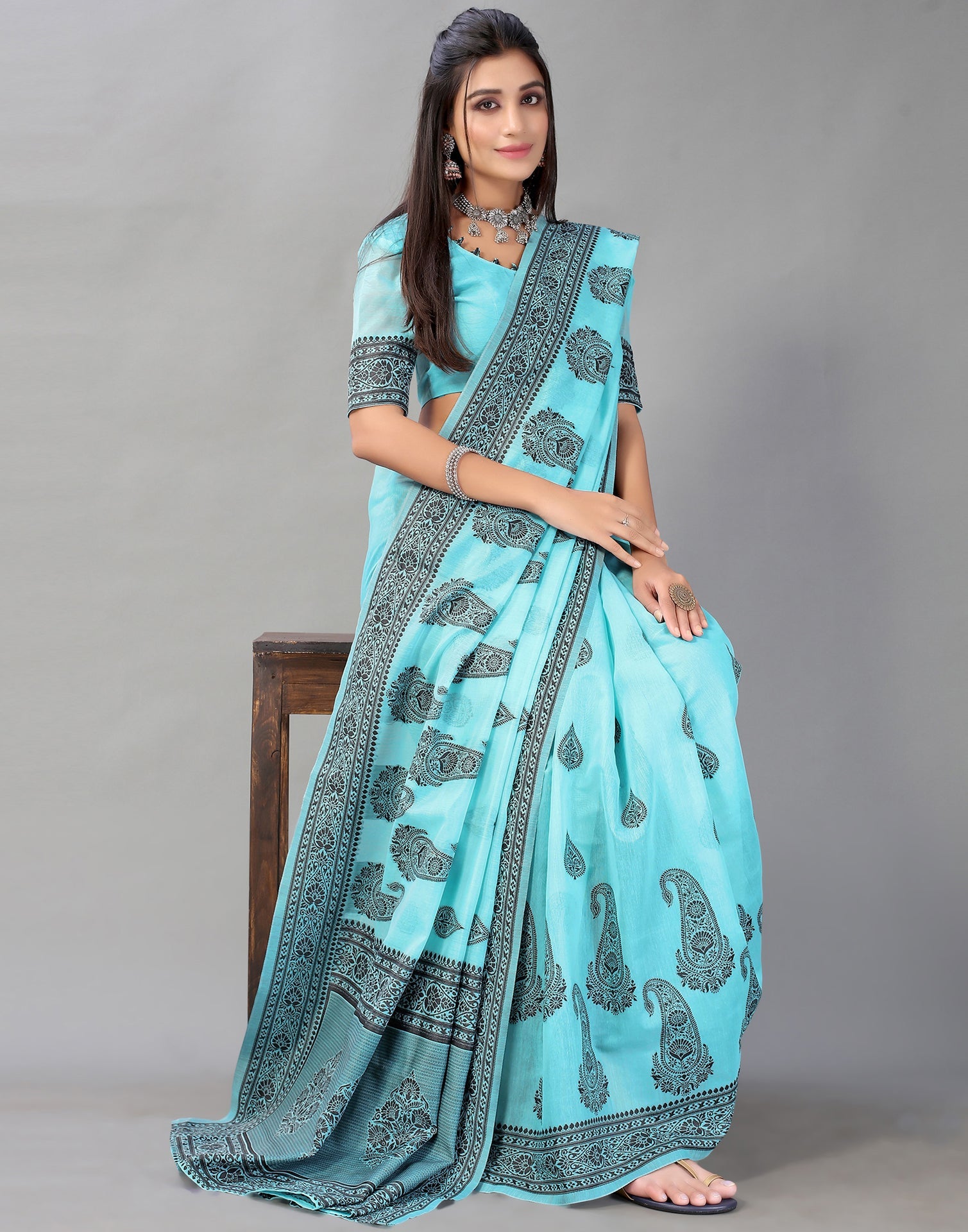 Sky Blue Cotton Saree