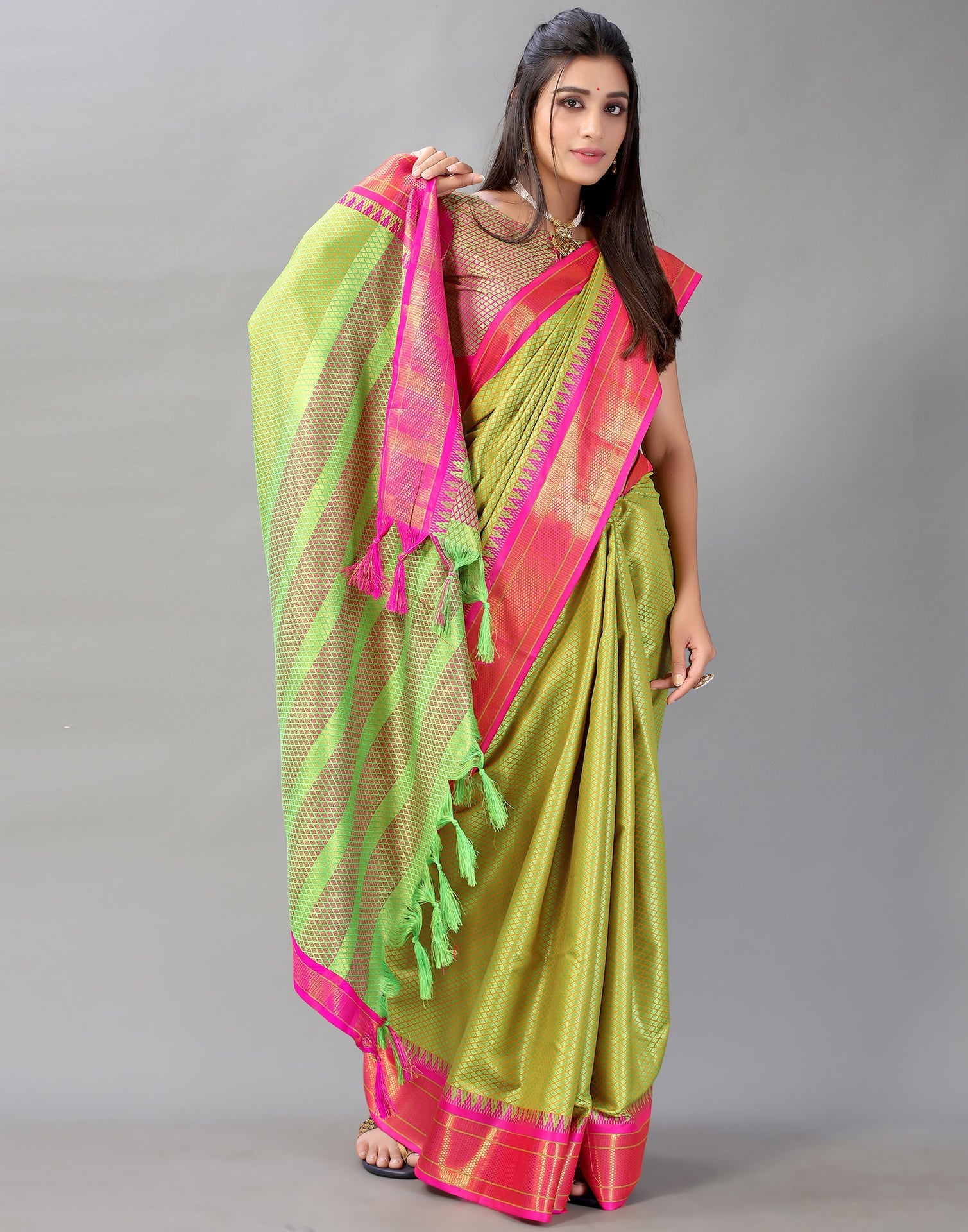 Parrot Green Woven Silk Saree