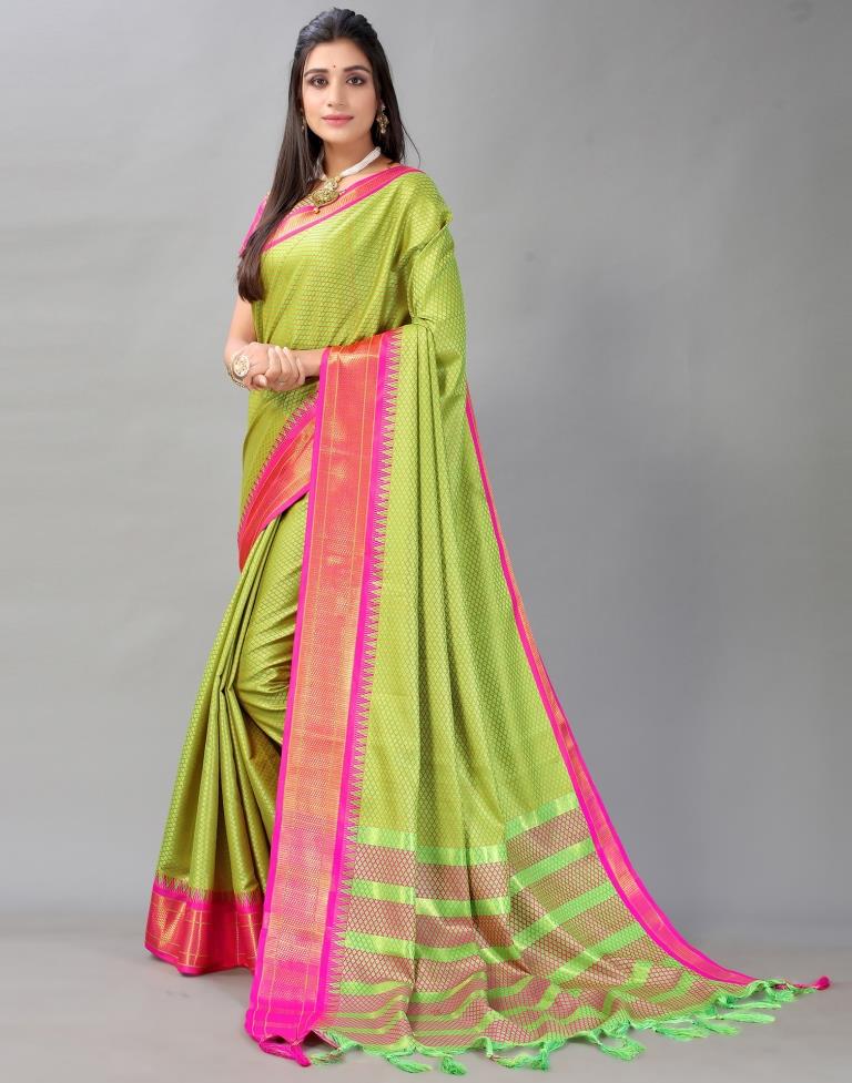 Parrot Green Woven Silk Saree