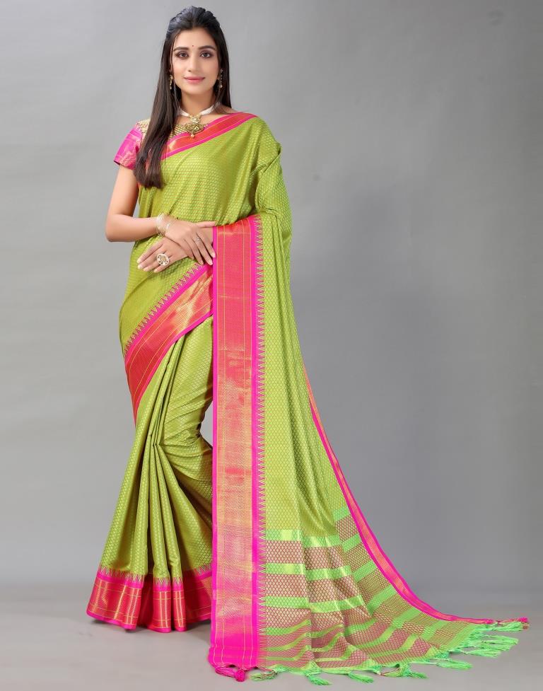 Parrot Green Woven Silk Saree