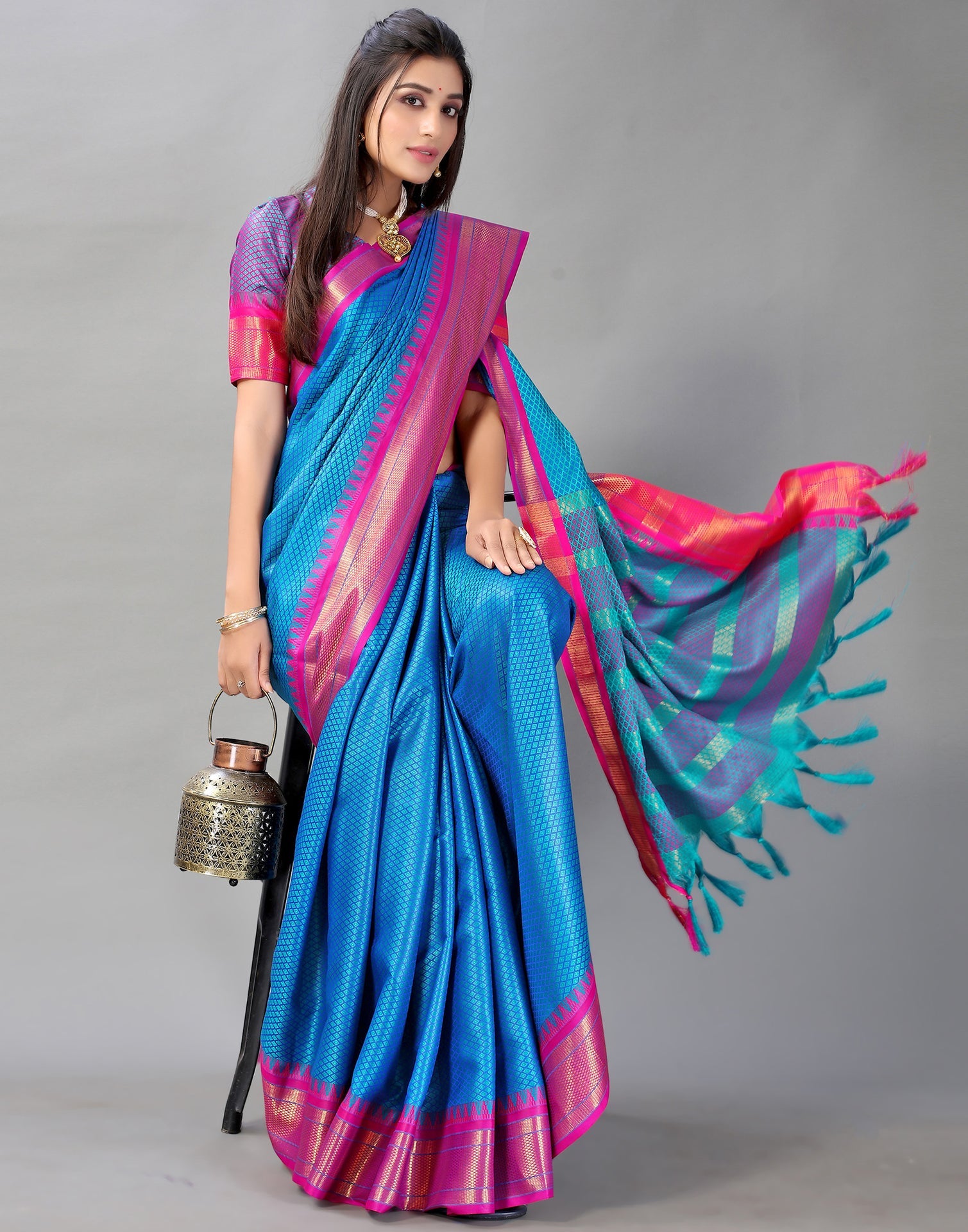 Teal Blue Woven Silk Saree