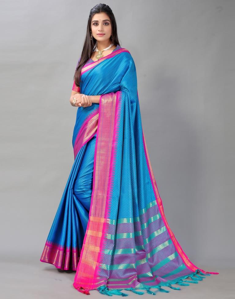 Teal Blue Woven Silk Saree
