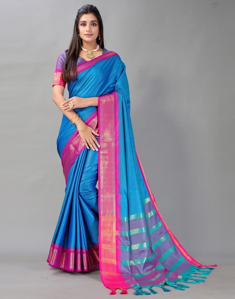 Teal Blue Woven Silk Saree