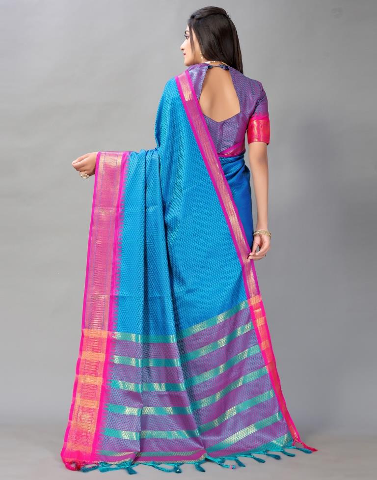 Teal Blue Woven Silk Saree