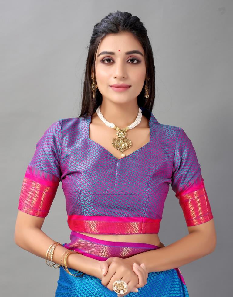 Teal Blue Woven Silk Saree