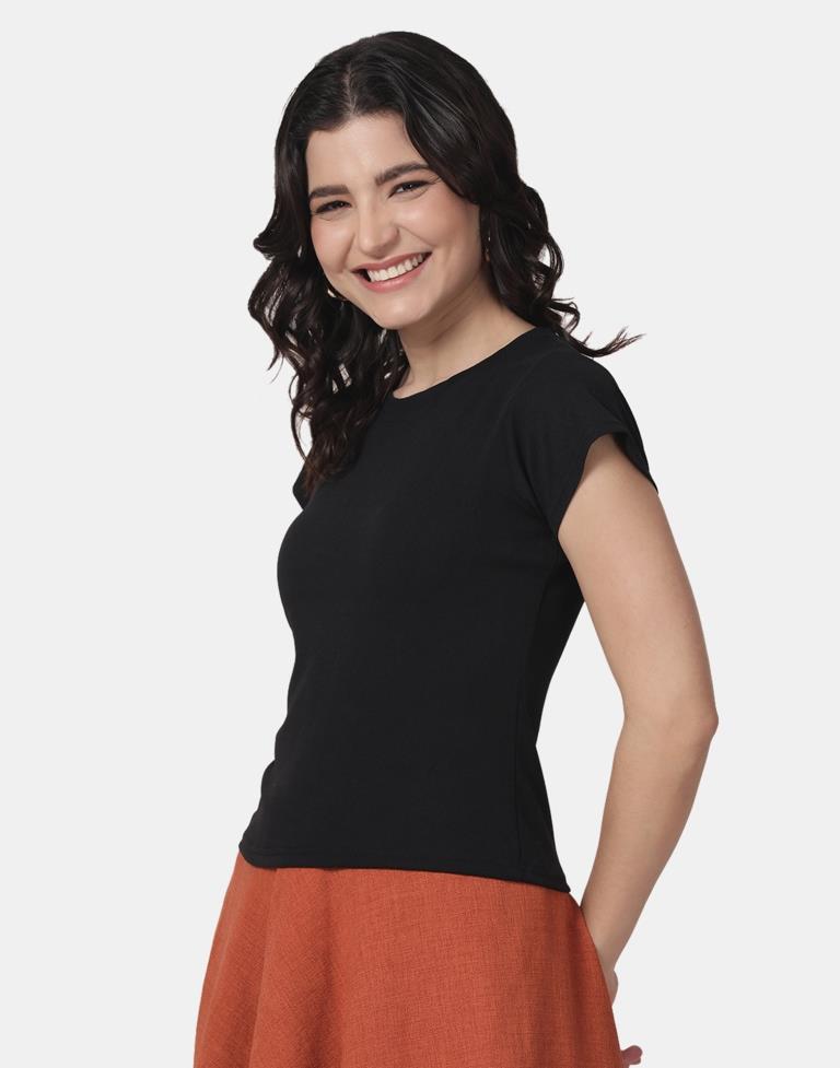 Black Colored Lycra Knitted Top | SLV238TK4081