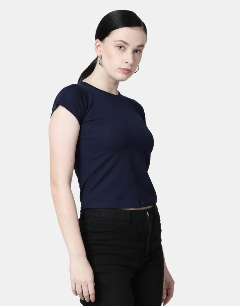 Blue Colored Lycra Knitted Top | SLV238TK4082