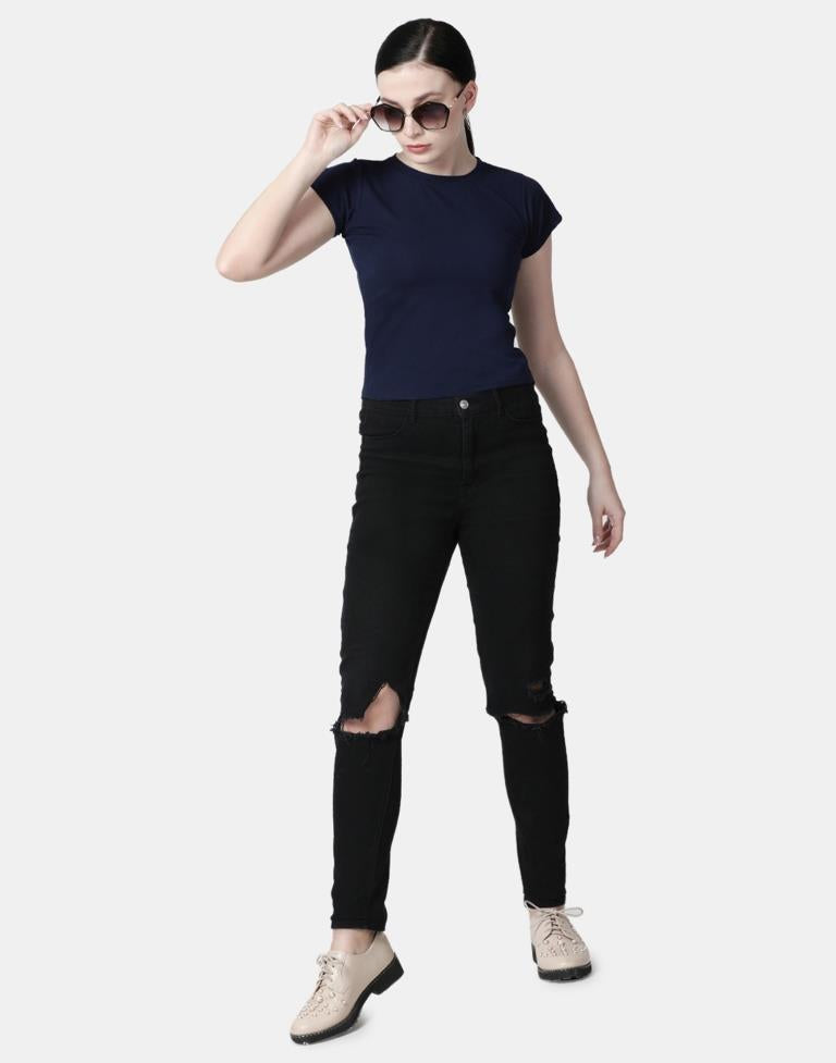 Blue Colored Lycra Knitted Top | SLV238TK4082