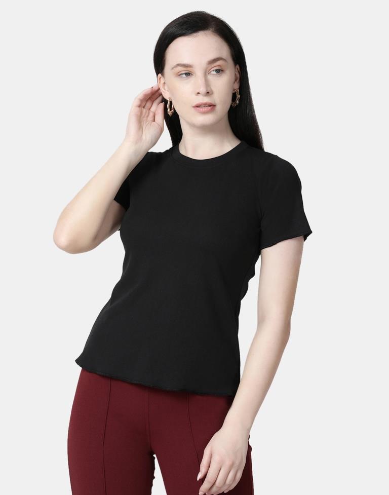 Black Colored Lycra Knitted Top | SLV238TK4085