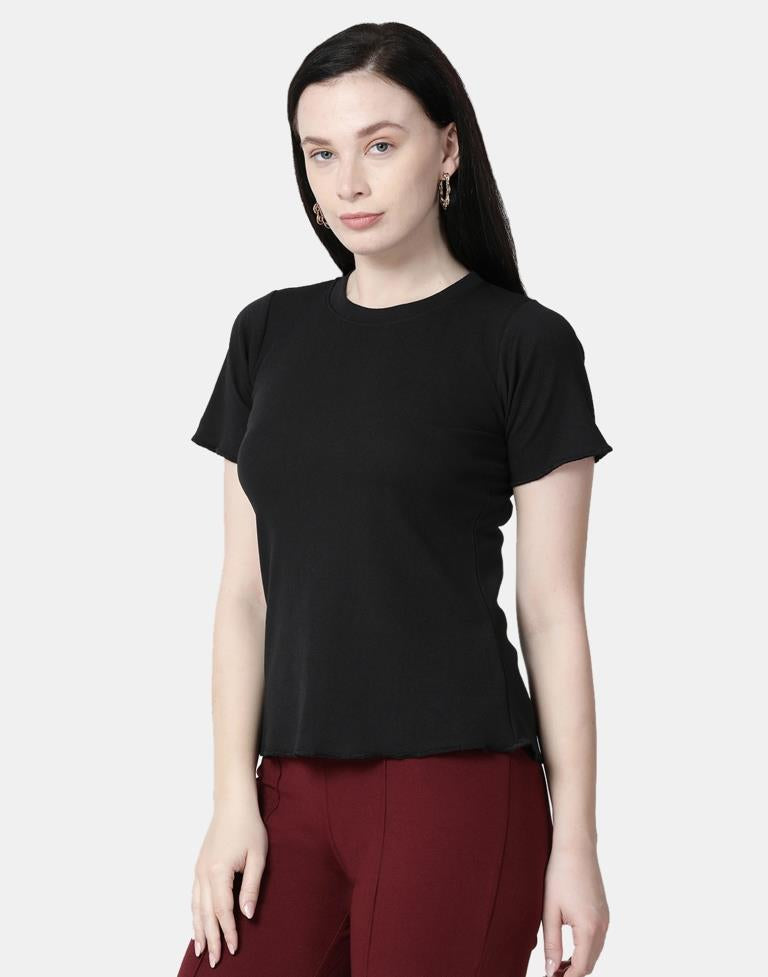 Black Colored Lycra Knitted Top | SLV238TK4085