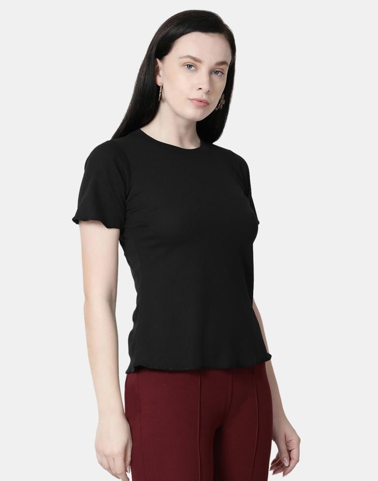 Black Colored Lycra Knitted Top | SLV238TK4085