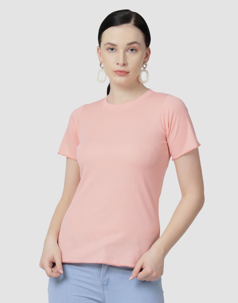 Peach Colored Lycra Knitted Top | SLV238TK4087