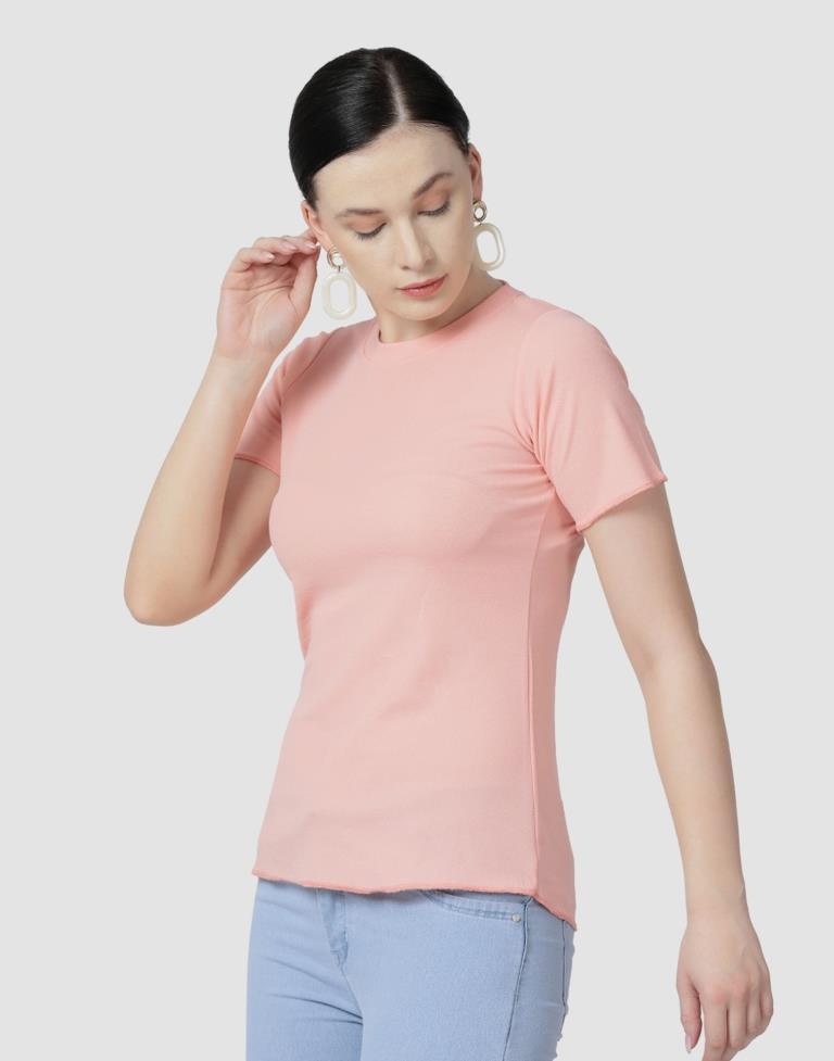 Peach Colored Lycra Knitted Top | SLV238TK4087