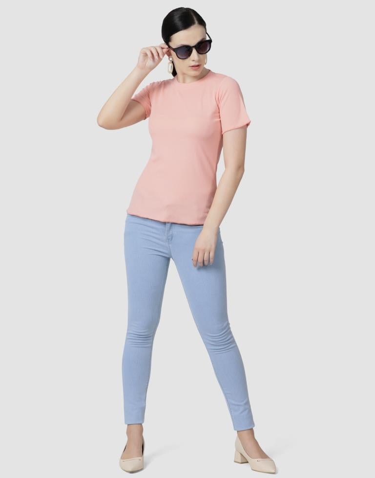 Peach Colored Lycra Knitted Top | SLV238TK4087