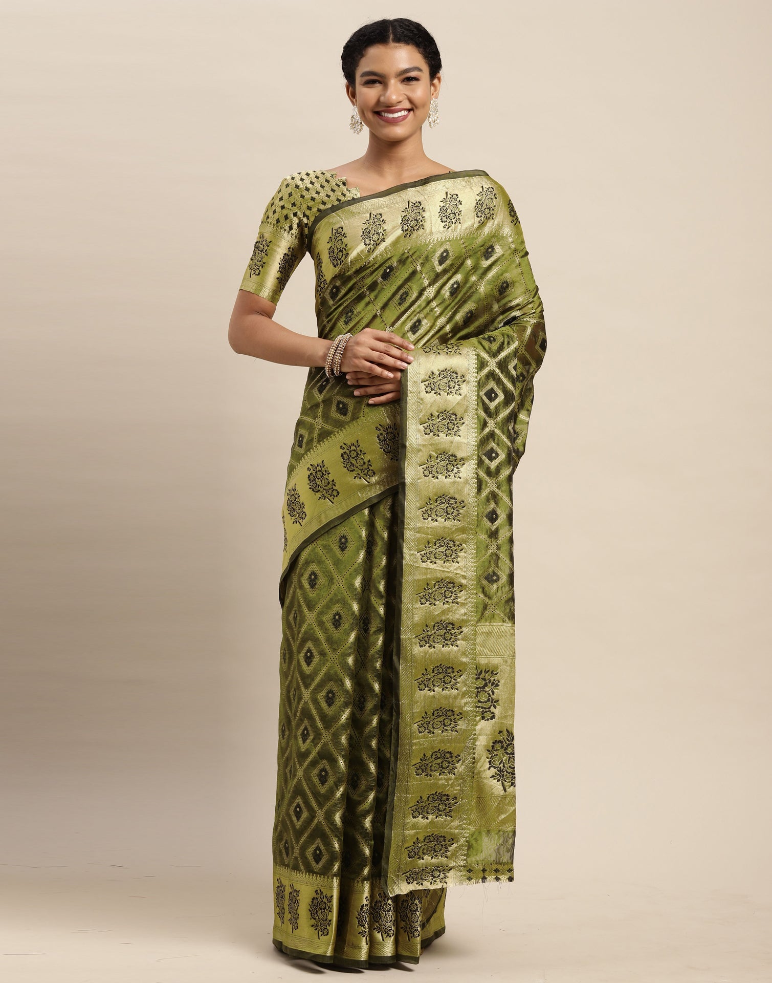 Dark Olive Green Organza Saree