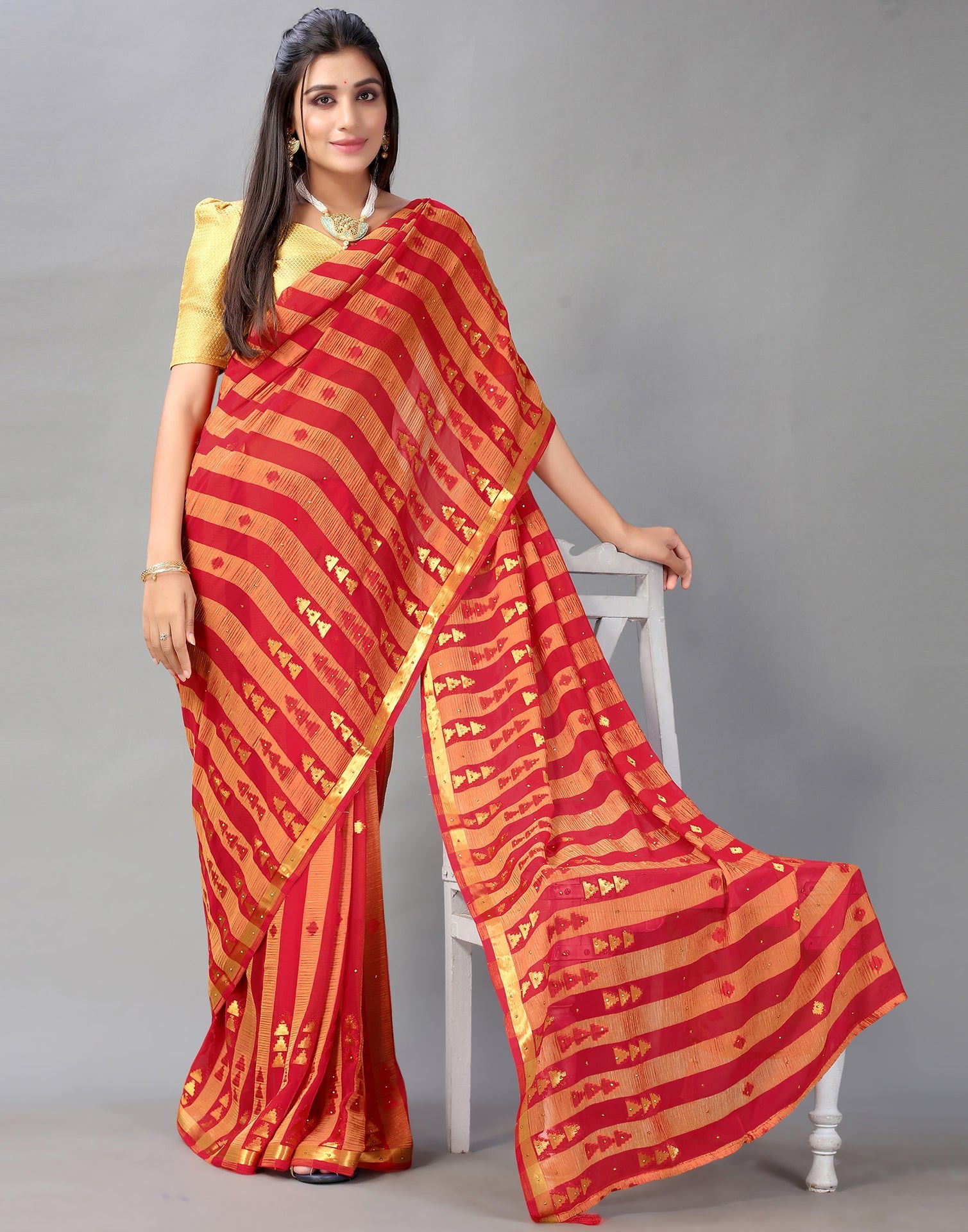 Red And Golden Chiffon Saree