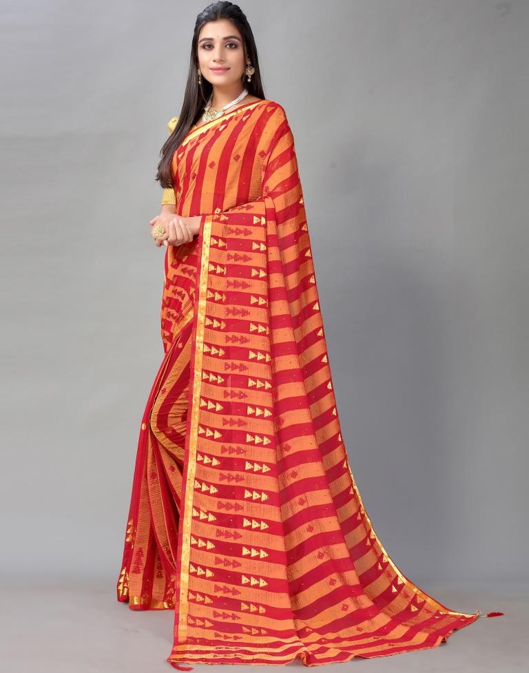 Red And Golden Chiffon Saree