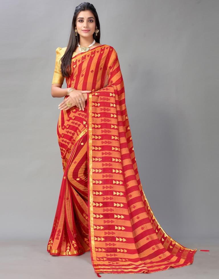 Red And Golden Chiffon Saree