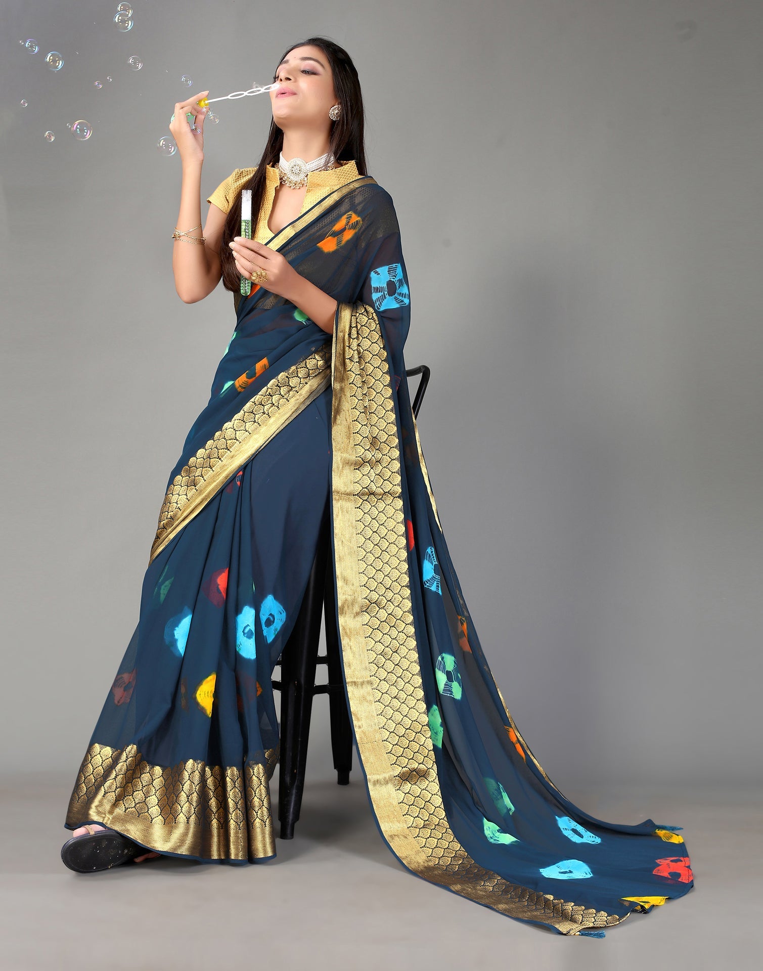 Navy Blue Printed Saree