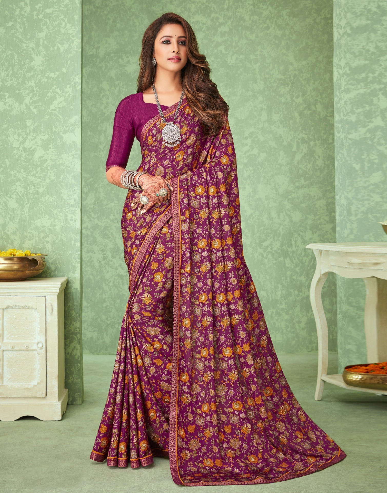 Wine Floral Printed Silk Saree
