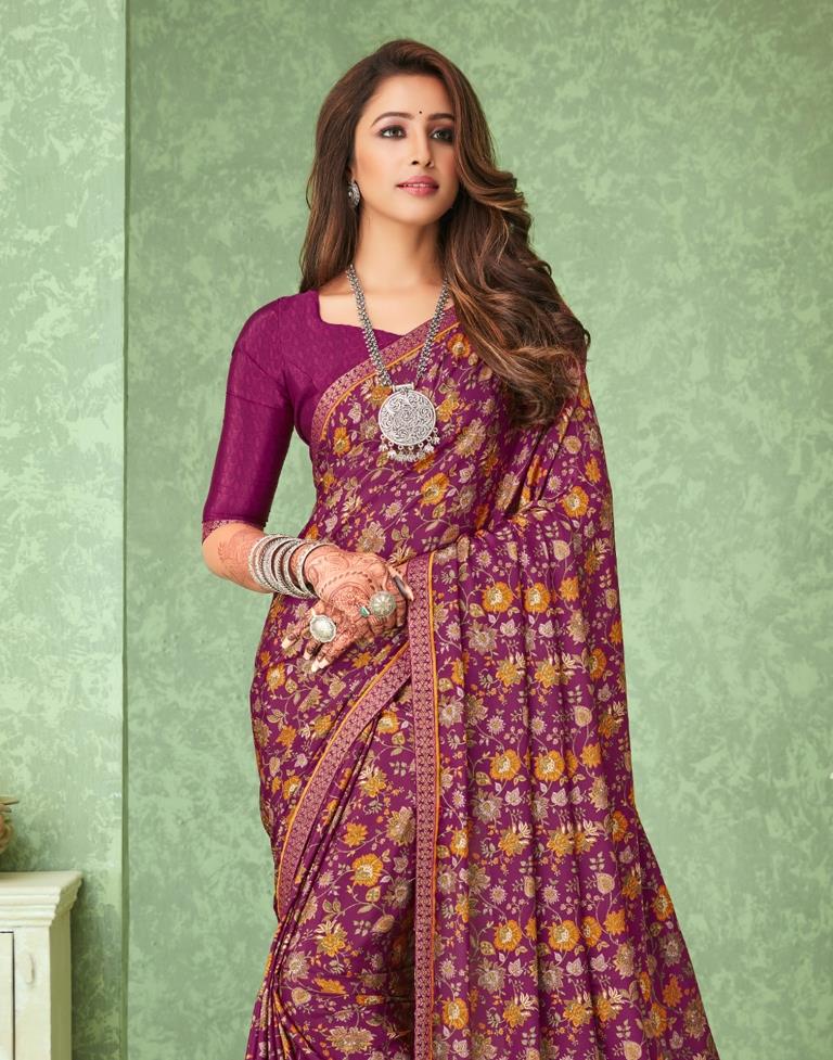 Wine Floral Printed Silk Saree