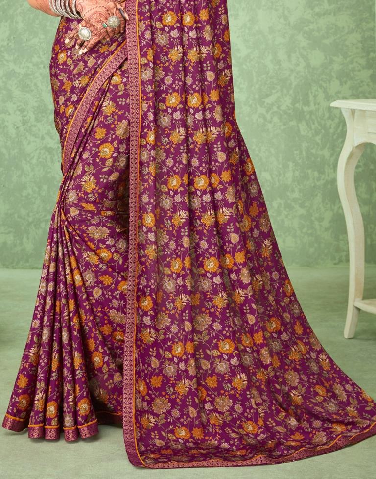Wine Floral Printed Silk Saree