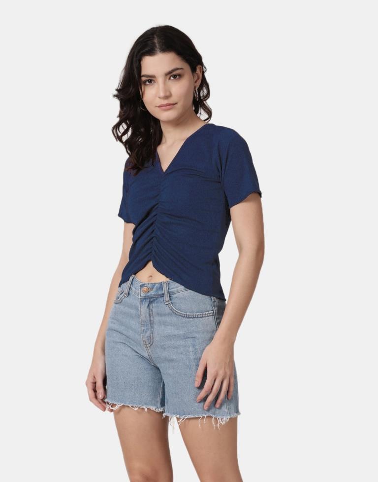 Blue Colored Lycra Knitted Top | SLV239TK4096