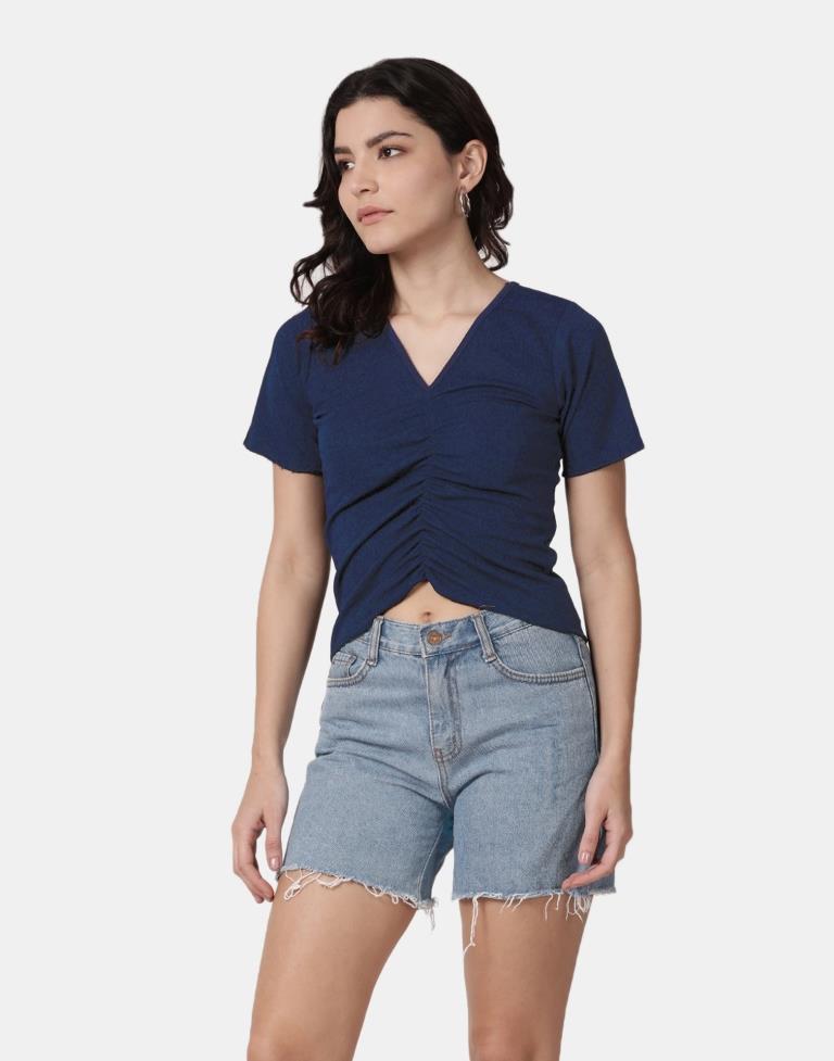 Blue Colored Lycra Knitted Top | SLV239TK4096