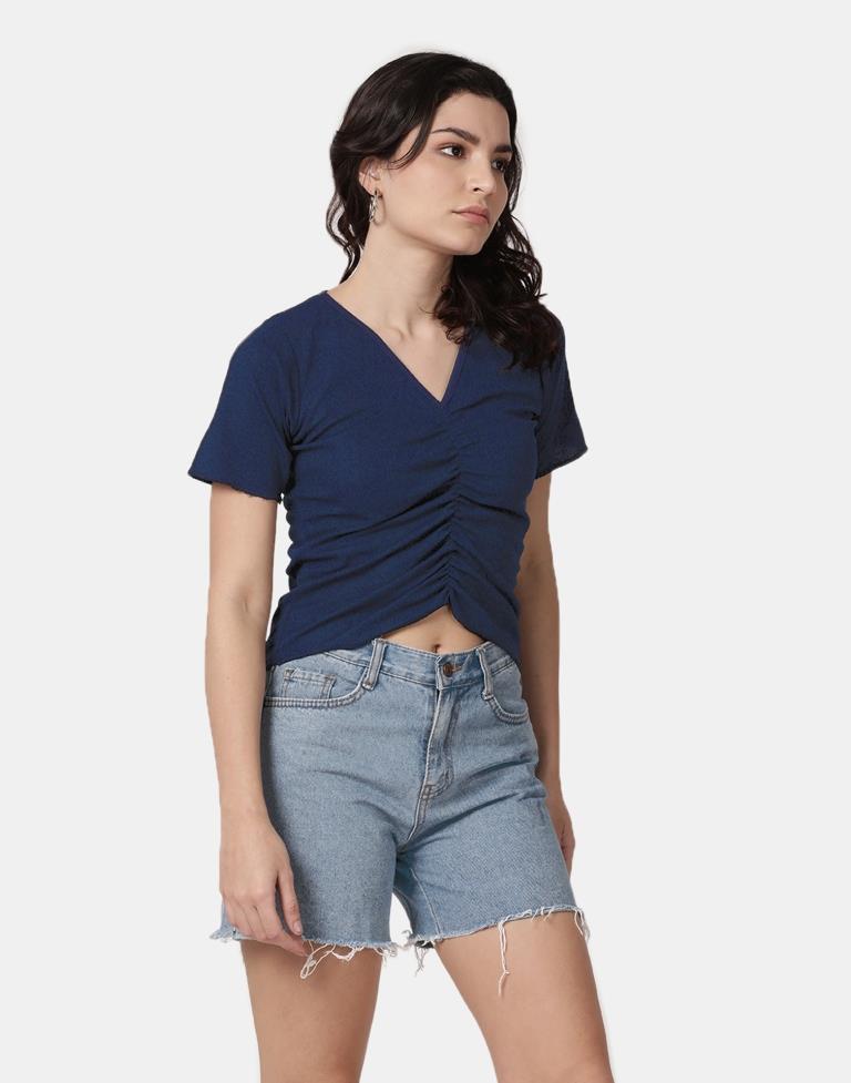 Blue Colored Lycra Knitted Top | SLV239TK4096