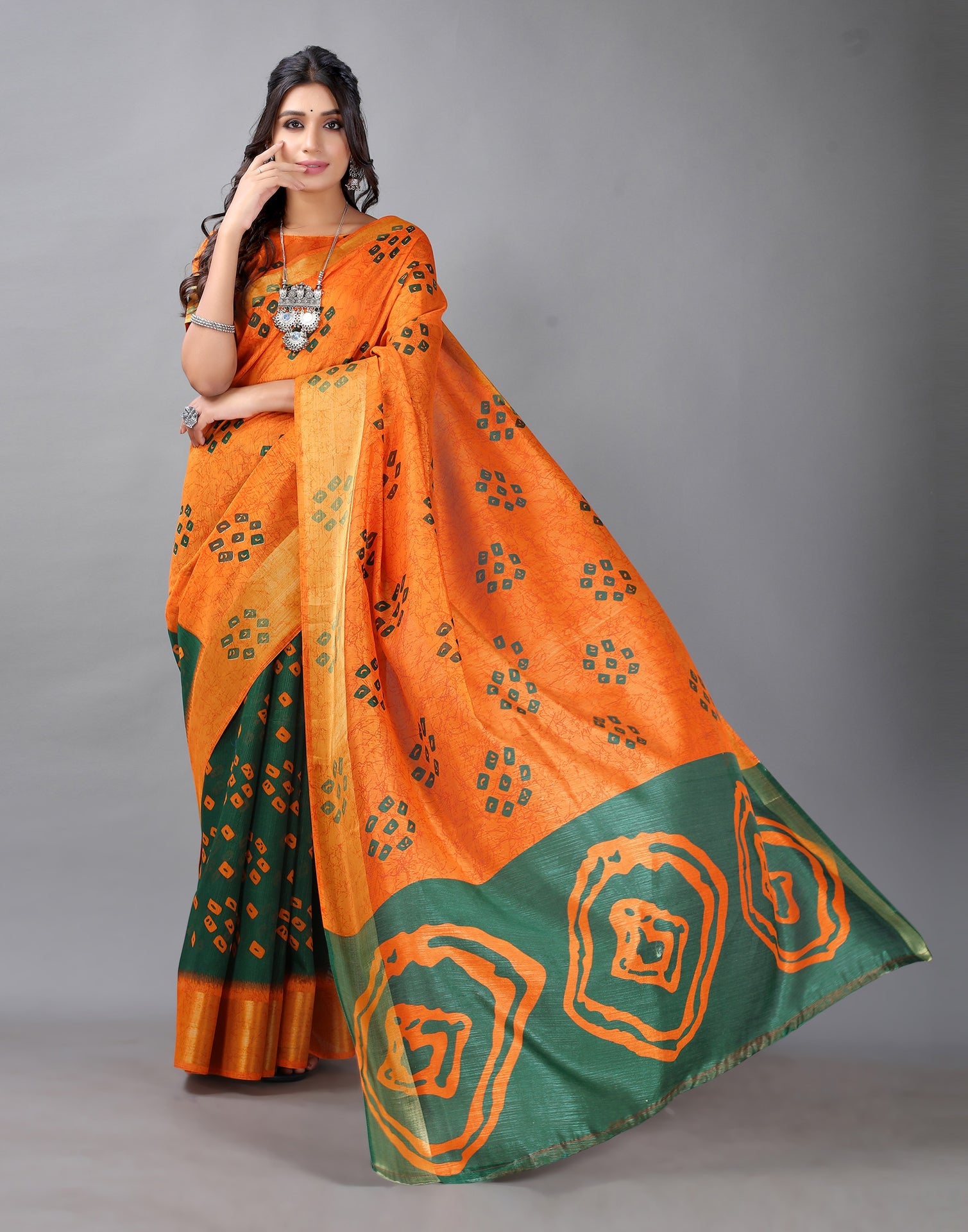 Dark Orange Bandhani Cotton Saree