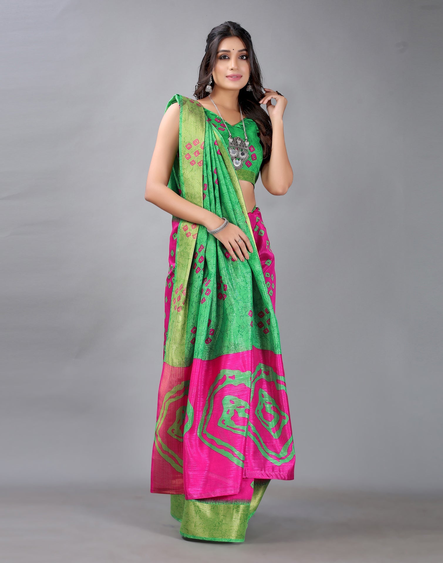 Parrot Green Bandhani Cotton Saree
