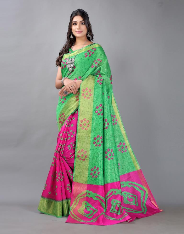 Parrot Green Bandhani Cotton Saree