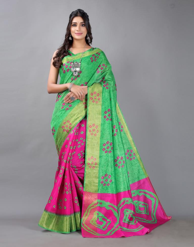 Parrot Green Bandhani Cotton Saree