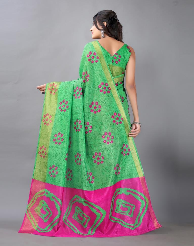 Parrot Green Bandhani Cotton Saree