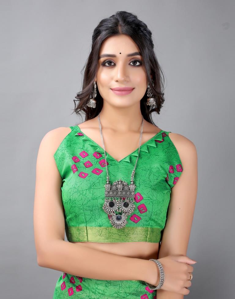 Parrot Green Bandhani Cotton Saree