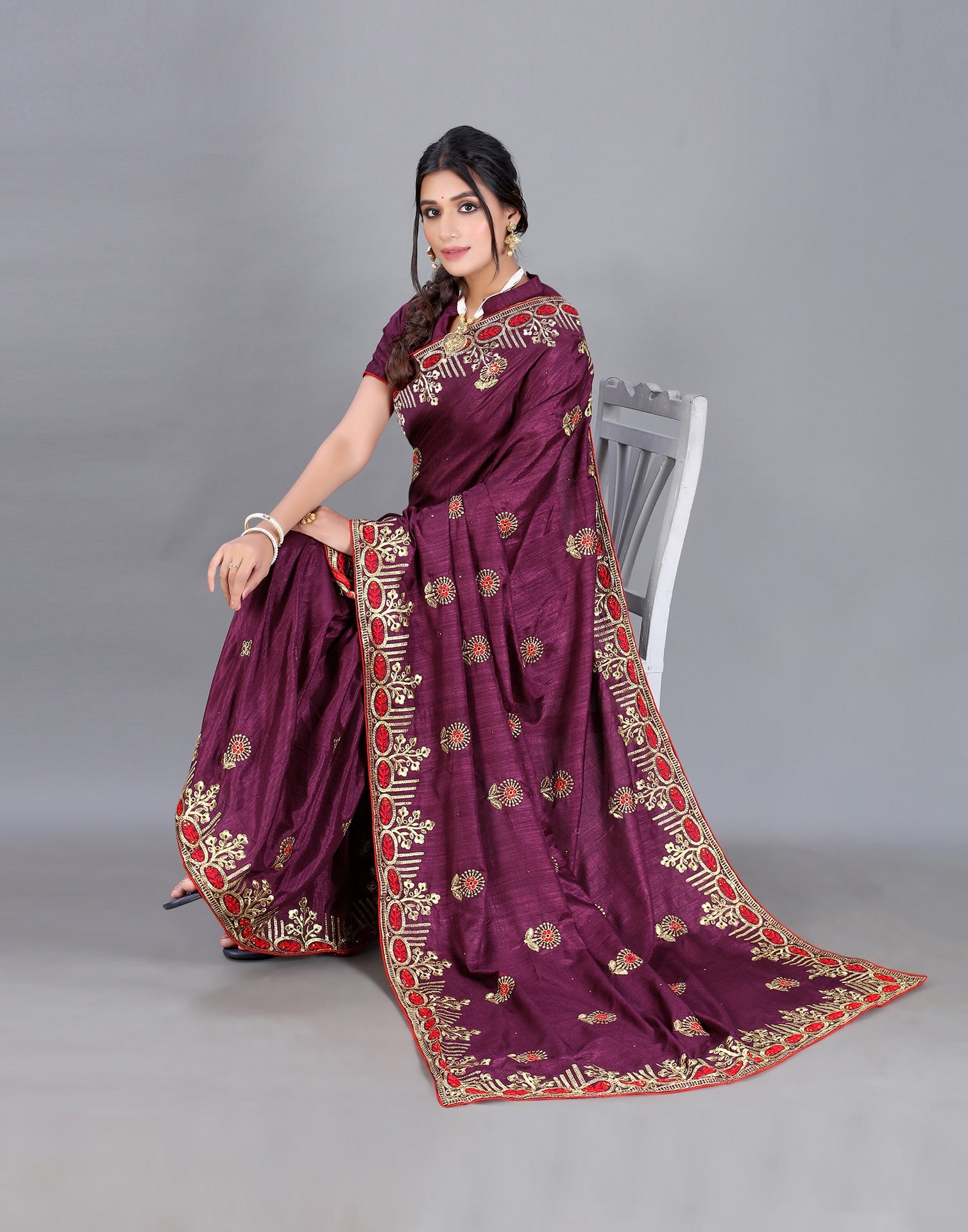 Wine Embroidery Saree