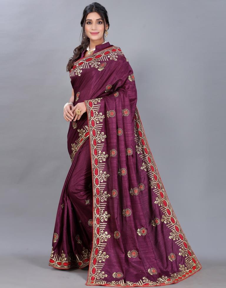 Wine Embroidery Saree