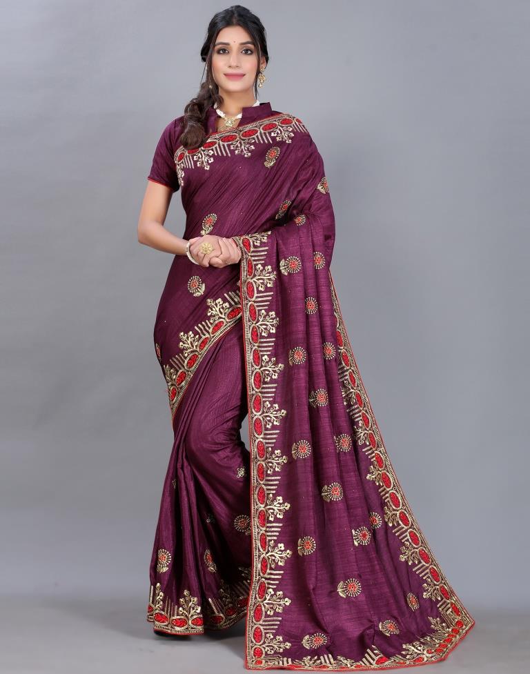 Wine Embroidery Saree