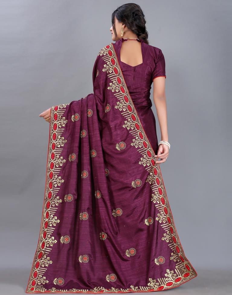 Wine Embroidery Saree