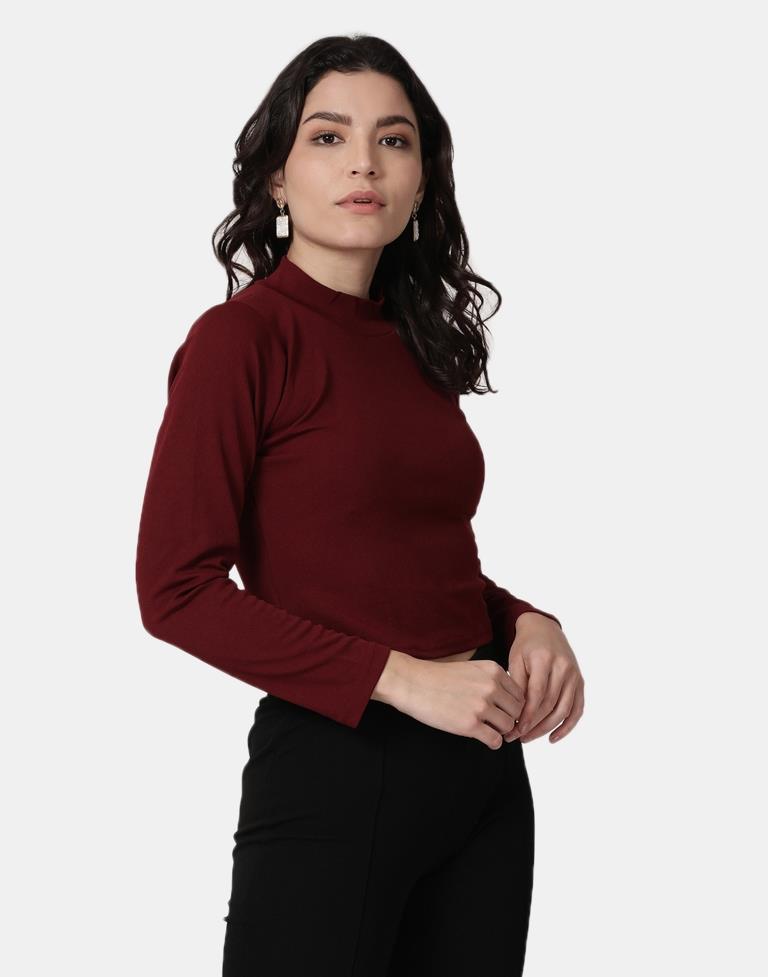 Maroon Colored Lycra Knitted Top | SLV240TK5004