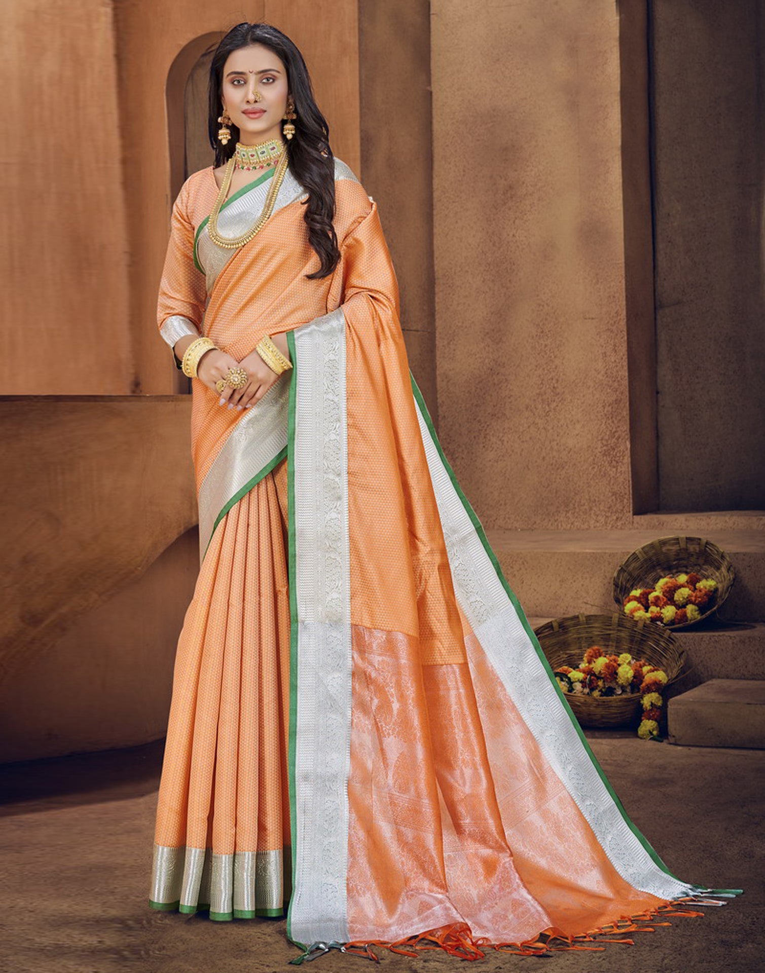Light Orange Silk Blend Saree
