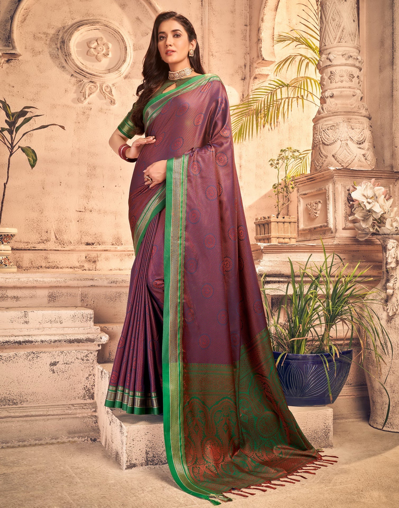Peach And Navy Blue Silk Saree