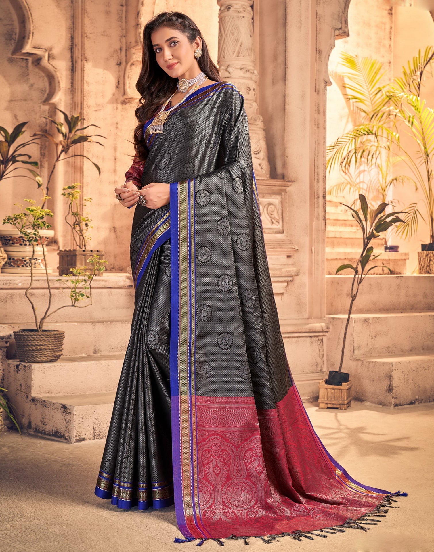 Black And Grey Silk Saree