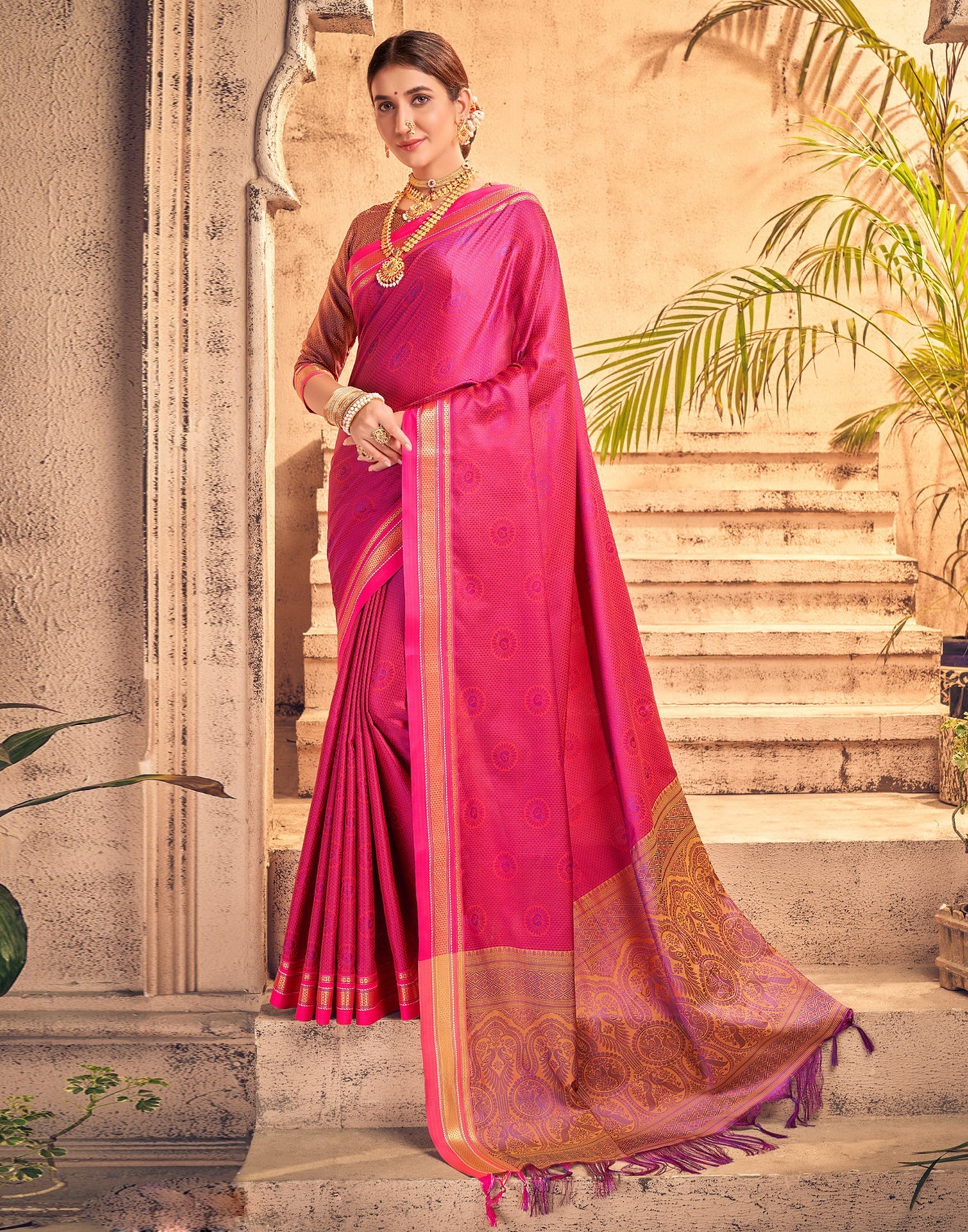 Rani Pink And Purple Silk Saree