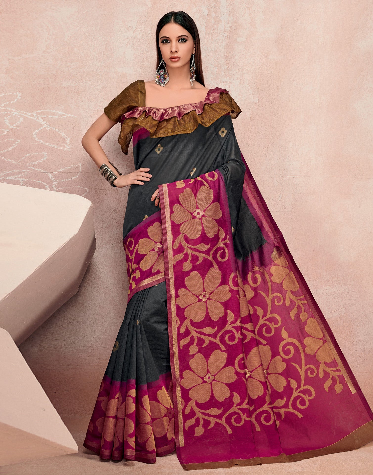 Dark Grey Cotton Saree