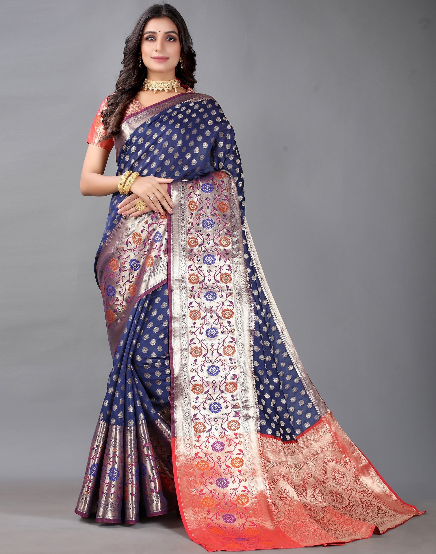 Navy Blue And Golden Silk Saree