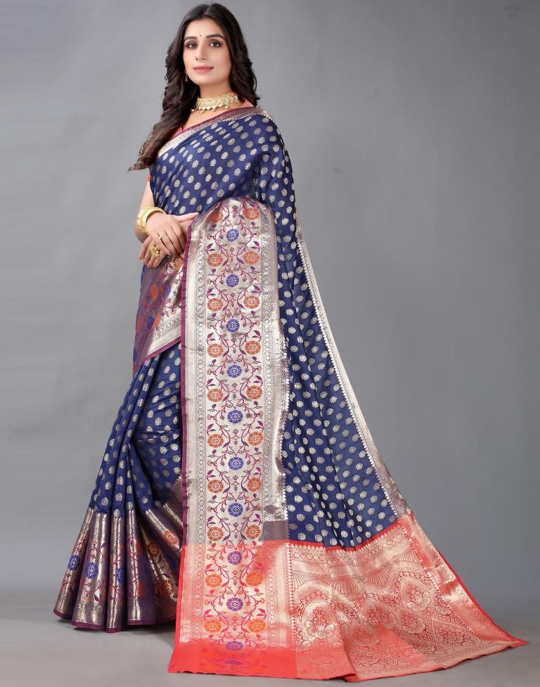 Navy Blue And Golden Silk Saree